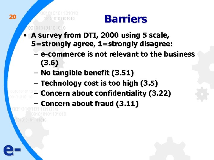 20 Barriers • A survey from DTI, 2000 using 5 scale, 5=strongly agree, 1=strongly