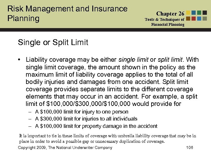 Risk Management and Insurance Planning Chapter 26 Tools & Techniques of Financial Planning Single