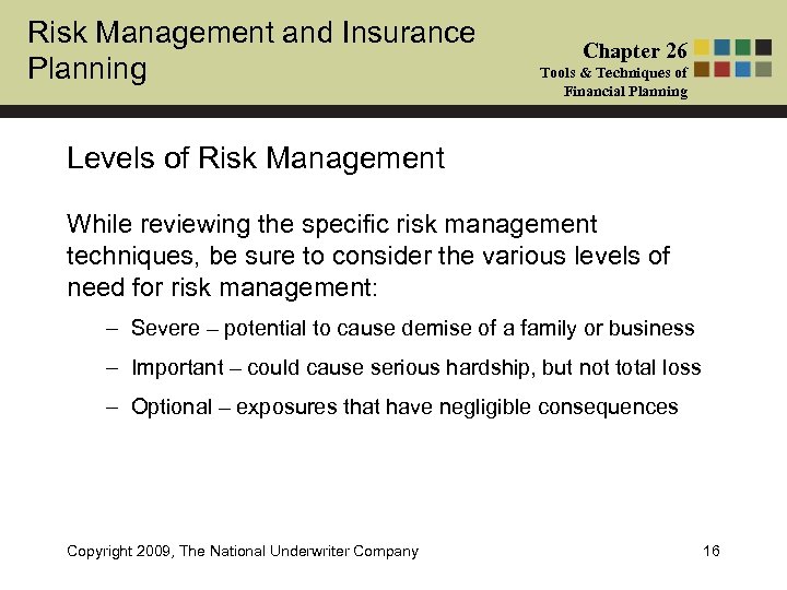 Risk Management and Insurance Planning Chapter 26 Tools & Techniques of Financial Planning Levels