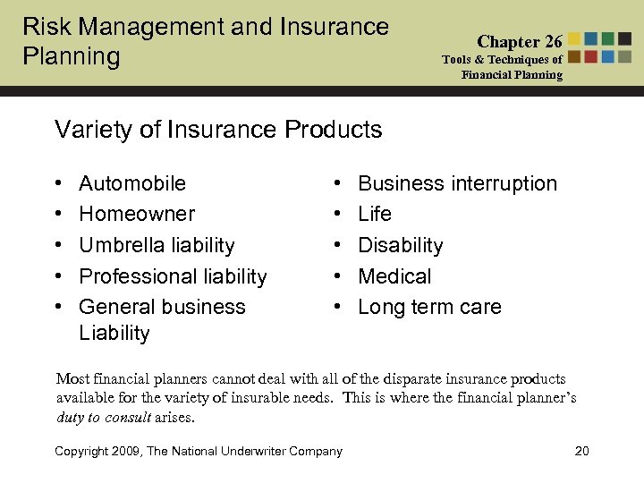 Risk Management and Insurance Planning Chapter 26 Tools & Techniques of Financial Planning Variety