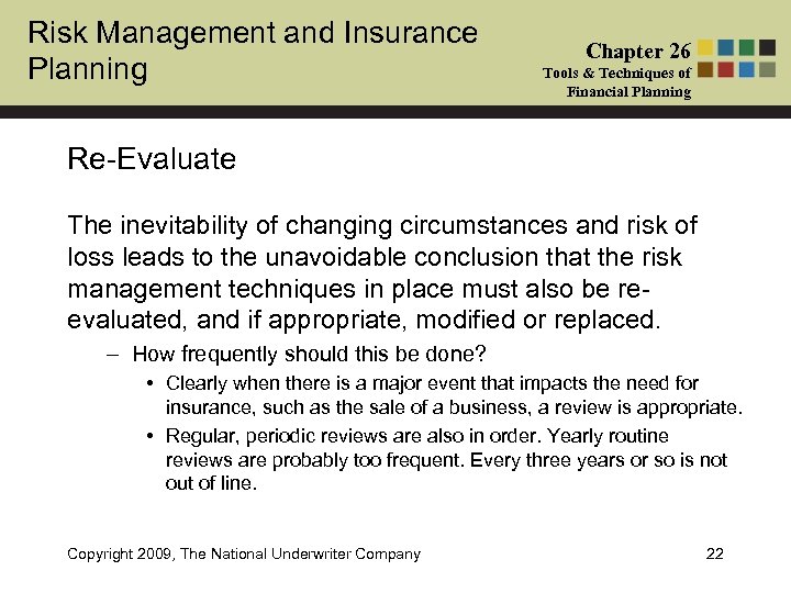 Risk Management and Insurance Planning Chapter 26 Tools & Techniques of Financial Planning Re-Evaluate