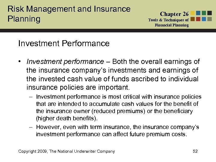 Risk Management and Insurance Planning Chapter 26 Tools & Techniques of Financial Planning Investment