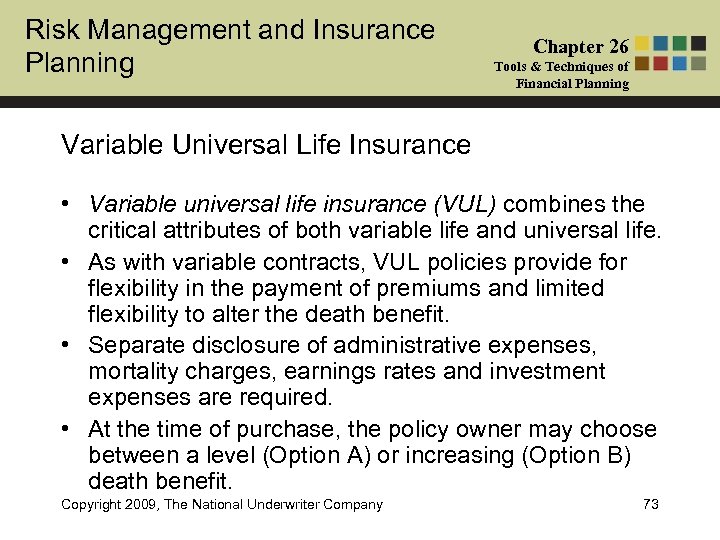 Risk Management and Insurance Planning Chapter 26 Tools & Techniques of Financial Planning Variable