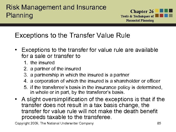 Risk Management and Insurance Planning Chapter 26 Tools & Techniques of Financial Planning Exceptions