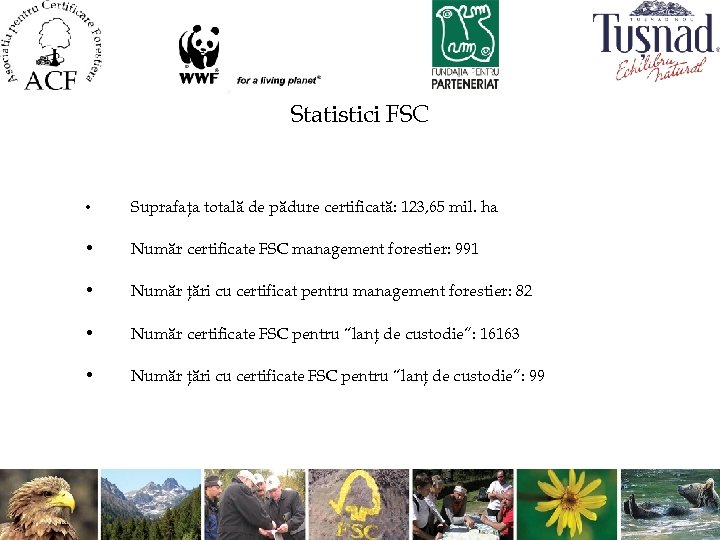 Statistici FSC • Suprafaţa totală de pădure certificată: 123, 65 mil. ha • Număr