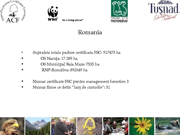 Romania • • Suprafata totala padure certificata FSC: 917473 ha OS Naruja: 17 289