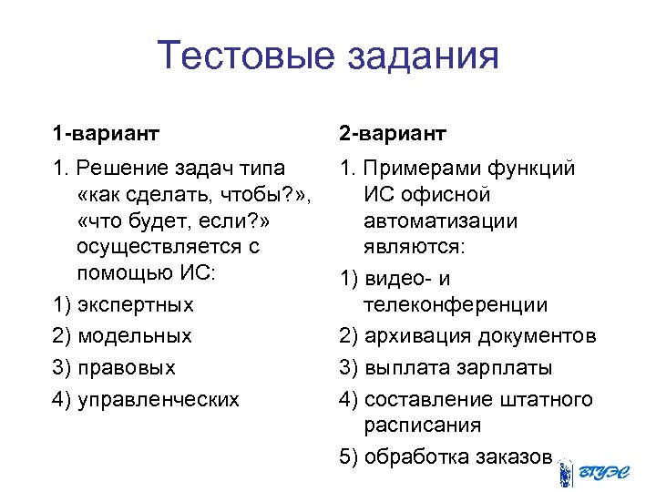 Тестовые задания 1 -вариант 2 -вариант 1. Решение задач типа «как сделать, чтобы? »