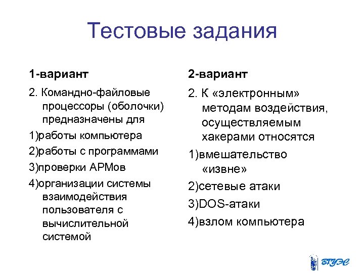 Тестовые задания 1 -вариант 2. Командно-файловые процессоры (оболочки) предназначены для 1)работы компьютера 2)работы с