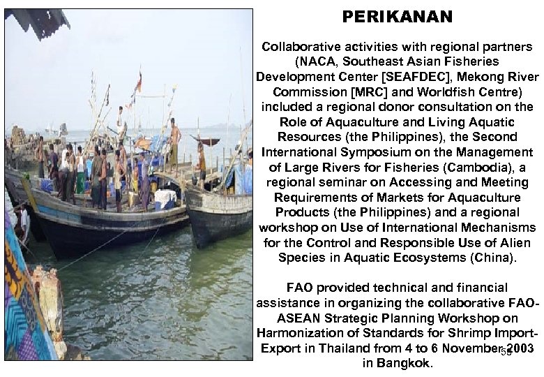 PERIKANAN Collaborative activities with regional partners (NACA, Southeast Asian Fisheries Development Center [SEAFDEC], Mekong