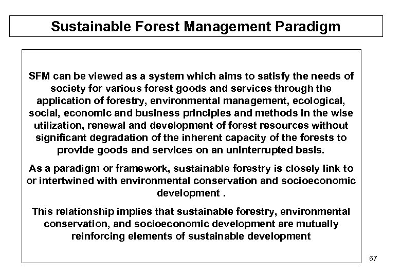 Sustainable Forest Management Paradigm SFM can be viewed as a system which aims to