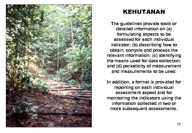 KEHUTANAN The guidelines provide tools or detailed information on (a) formulating aspects to be