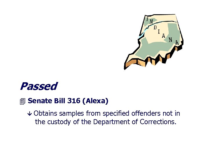 Passed Senate Bill 316 (Alexa) Obtains samples from specified offenders not in the custody