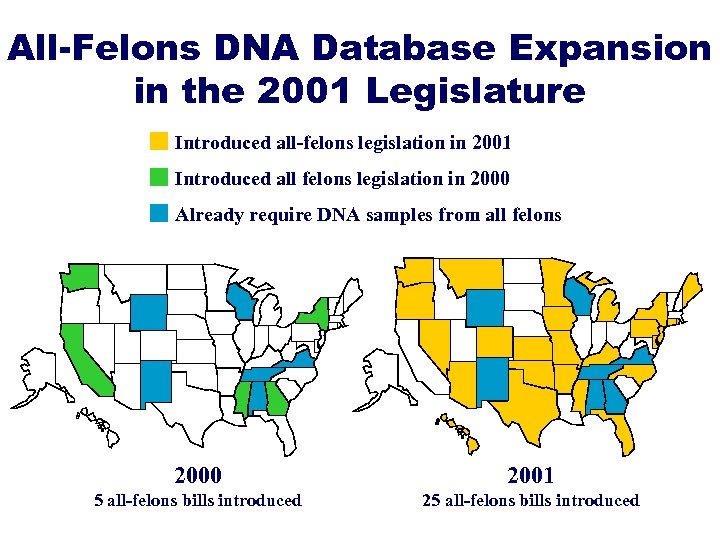 All-Felons DNA Database Expansion in the 2001 Legislature Introduced all-felons legislation in 2001 Introduced