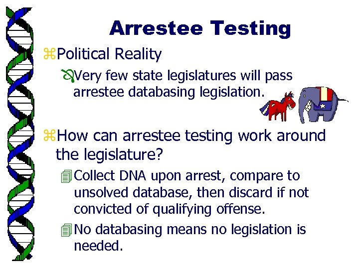 Arrestee Testing z. Political Reality ÔVery few state legislatures will pass arrestee databasing legislation.