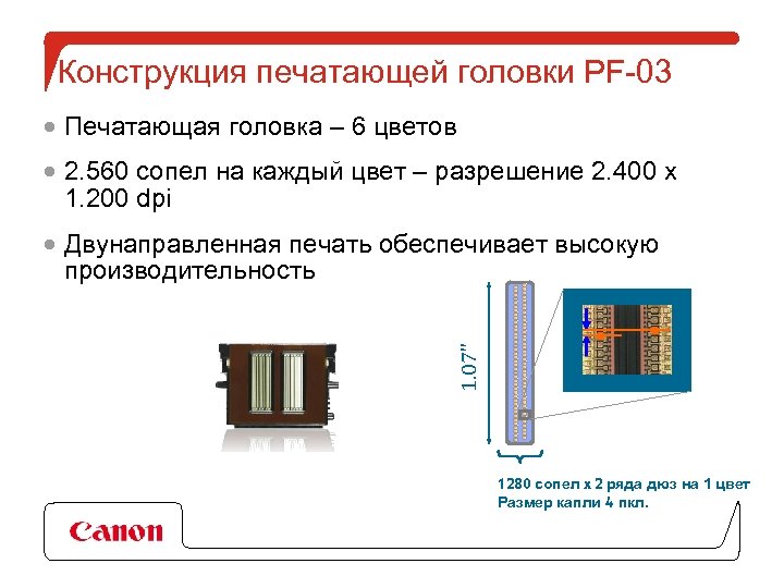 Конструкция печатающей головки PF-03 · Печатающая головка – 6 цветов · 2. 560 сопел