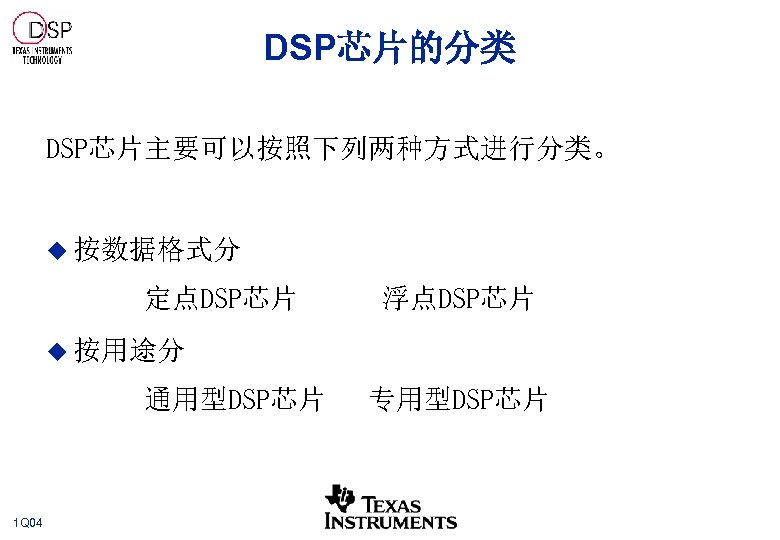 DSP芯片的分类 DSP芯片主要可以按照下列两种方式进行分类。 u 按数据格式分 定点DSP芯片 浮点DSP芯片 u 按用途分 通用型DSP芯片 1 Q 04 专用型DSP芯片 