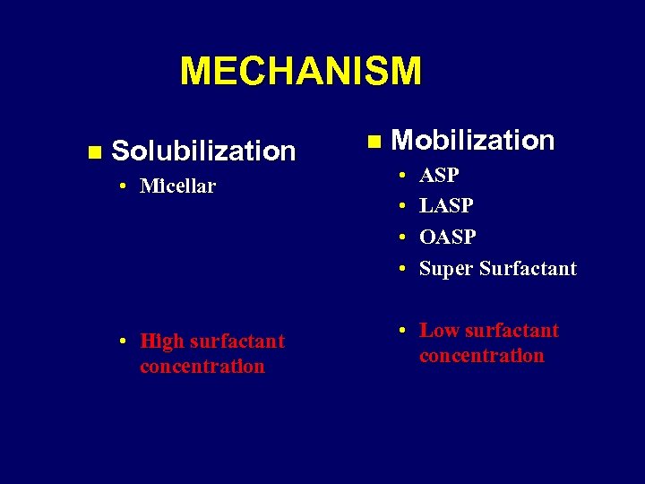 MECHANISM n Solubilization n Mobilization • Micellar • • • High surfactant concentration •