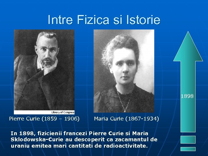 Intre Fizica si Istorie 1898 Pierre Curie (1859 – 1906) Maria Curie (1867 -1934)
