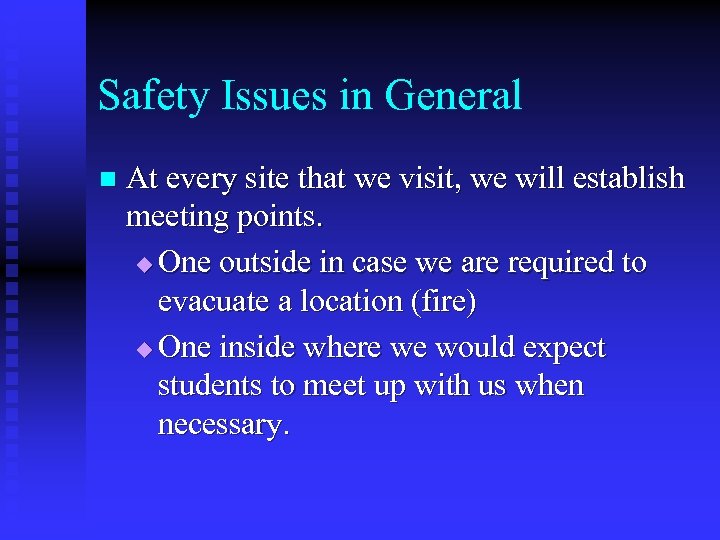 Safety Issues in General n At every site that we visit, we will establish