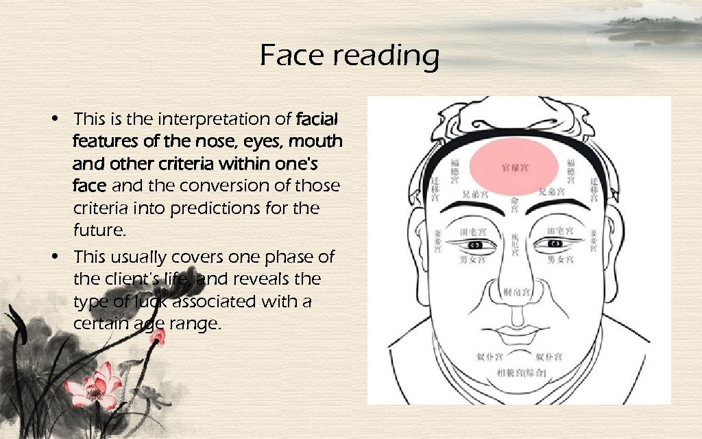 Face reading • This is the interpretation of facial features of the nose, eyes,