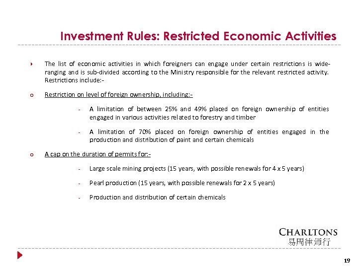 Investment Rules: Restricted Economic Activities The list of economic activities in which foreigners can