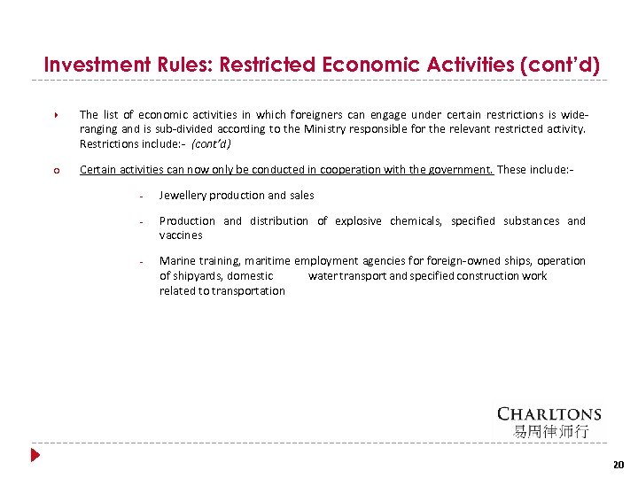 Investment Rules: Restricted Economic Activities (cont’d) The list of economic activities in which foreigners