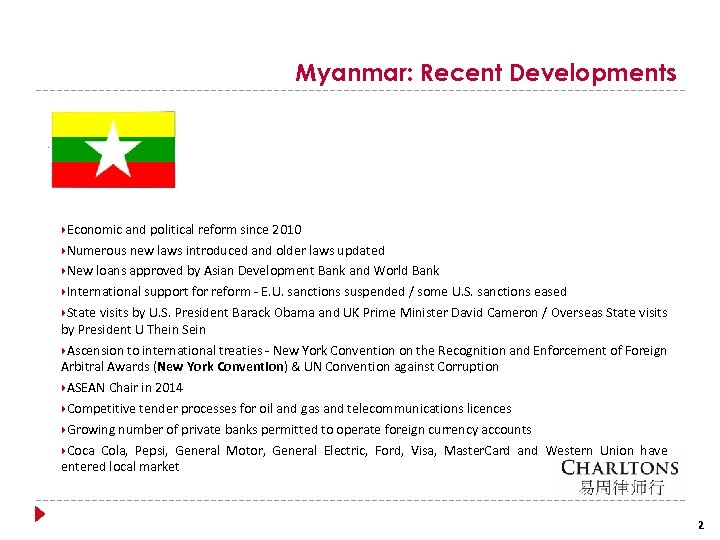 Myanmar: Recent Developments Economic and political reform since 2010 Numerous new laws introduced and