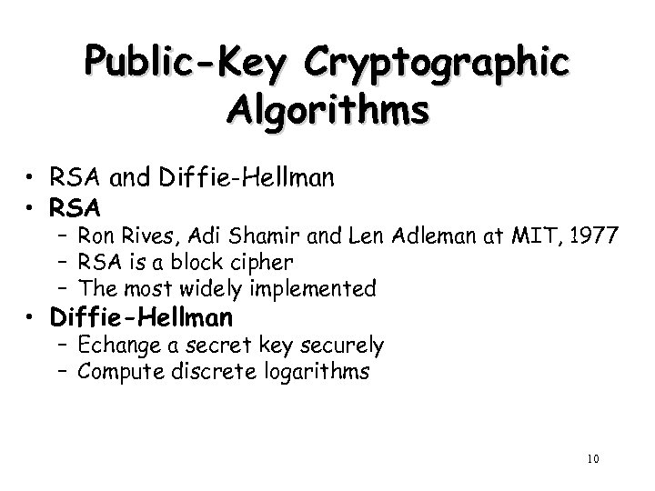 Public-Key Cryptographic Algorithms • RSA and Diffie-Hellman • RSA – Ron Rives, Adi Shamir