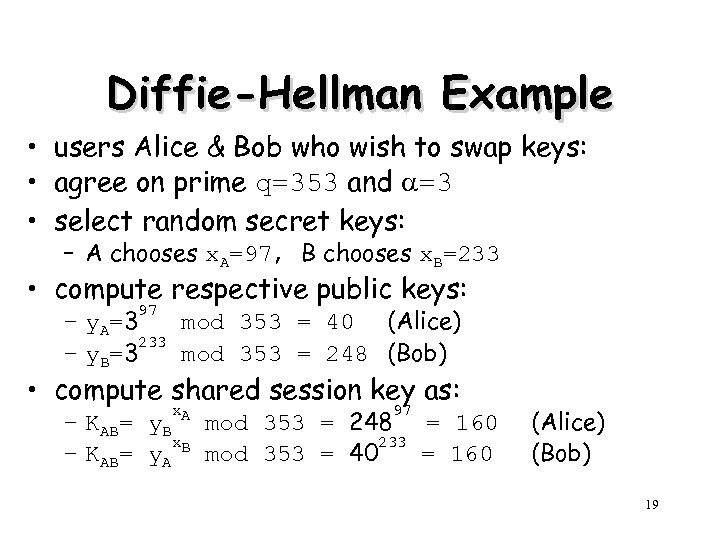 Diffie-Hellman Example • users Alice & Bob who wish to swap keys: • agree