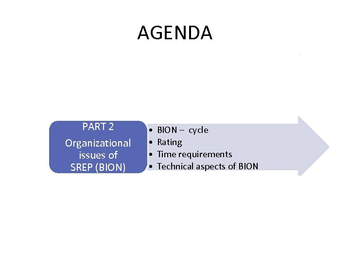 AGENDA PART 1 Introduction PART 2 Organizational issues of SREP (BION) • Regulations •