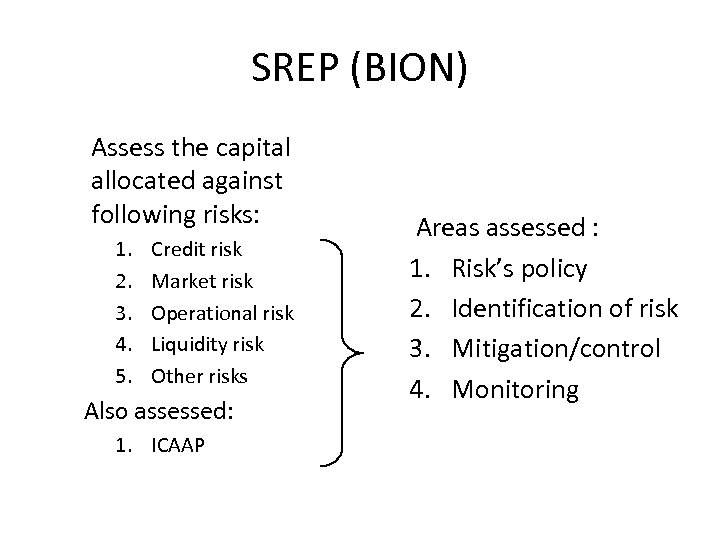 SREP (BION) Assess the capital allocated against following risks: 1. 2. 3. 4. 5.