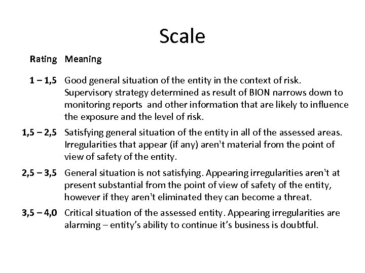 Scale Rating Meaning 1 – 1, 5 Good general situation of the entity in