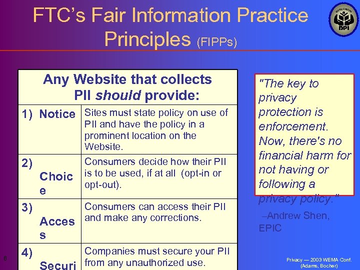 FTC’s Fair Information Practice Principles (FIPPs) Any Website that collects PII should provide: 1)