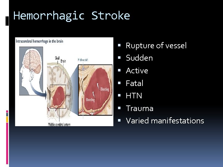 Hemorrhagic Stroke Rupture of vessel Sudden Active Fatal HTN Trauma Varied manifestations 
