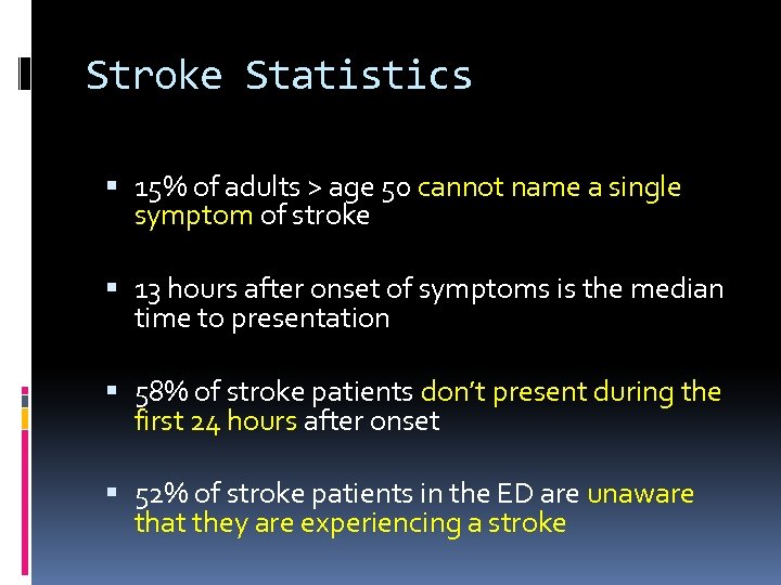 Stroke Statistics 15% of adults > age 50 cannot name a single symptom of