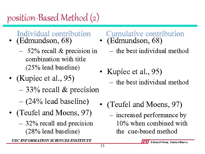 position-Based Method (2) Individual contribution • (Edmundson, 68) – 52% recall & precision in