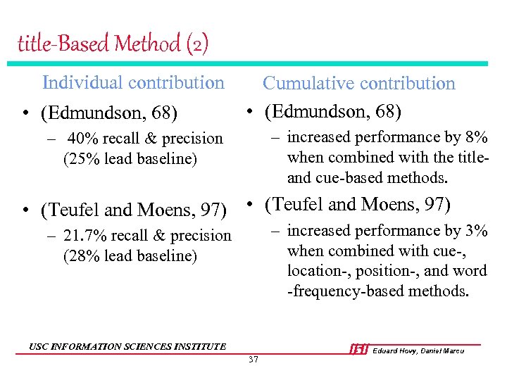 title-Based Method (2) Individual contribution • (Edmundson, 68) Cumulative contribution • (Edmundson, 68) –