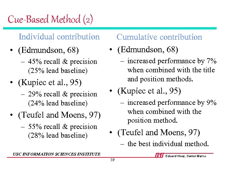 Cue-Based Method (2) Individual contribution • (Edmundson, 68) Cumulative contribution • (Edmundson, 68) –