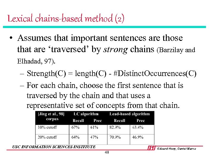 Lexical chains-based method (2) • Assumes that important sentences are those that are ‘traversed’