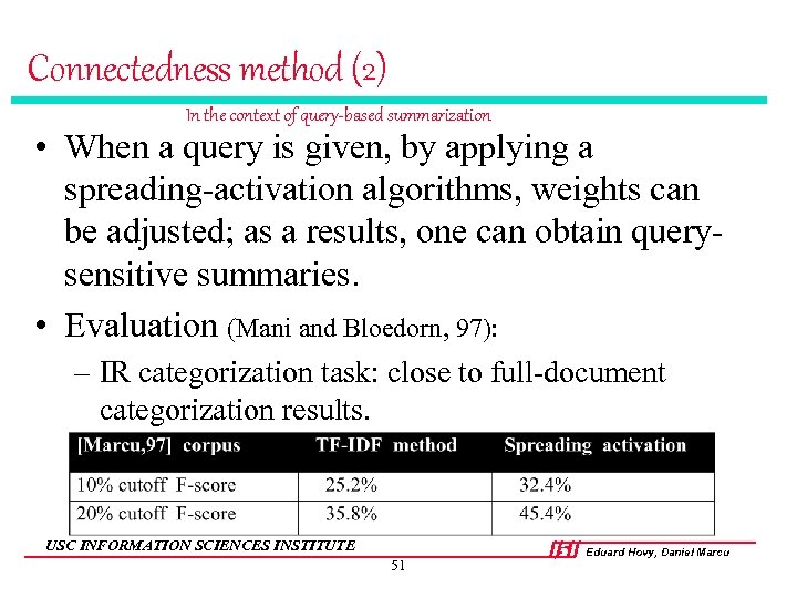 Connectedness method (2) In the context of query-based summarization • When a query is
