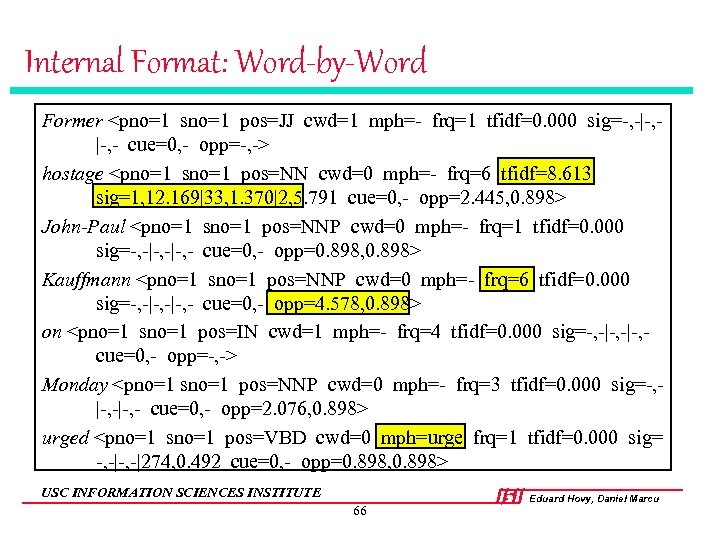 Internal Format: Word-by-Word Former <pno=1 sno=1 pos=JJ cwd=1 mph=- frq=1 tfidf=0. 000 sig=-, -|-,