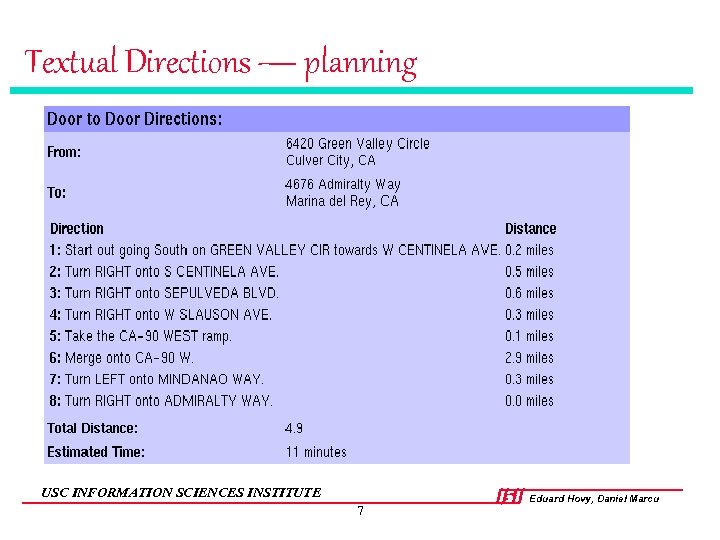 Textual Directions — planning USC INFORMATION SCIENCES INSTITUTE 7 Eduard Hovy, Daniel Marcu 