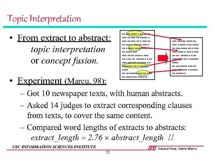 Topic Interpretation • From extract to abstract: topic interpretation or concept fusion. • Experiment