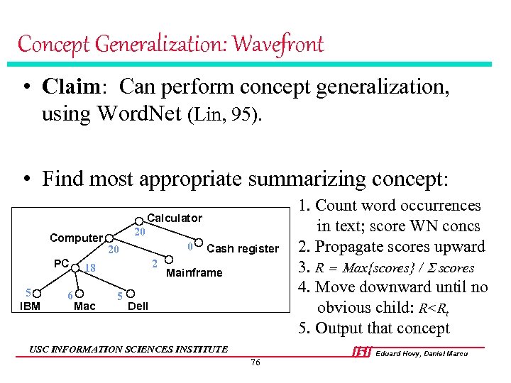 Concept Generalization: Wavefront • Claim: Can perform concept generalization, using Word. Net (Lin, 95).