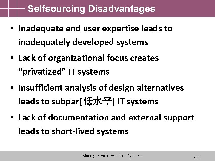 Selfsourcing Disadvantages • Inadequate end user expertise leads to inadequately developed systems • Lack