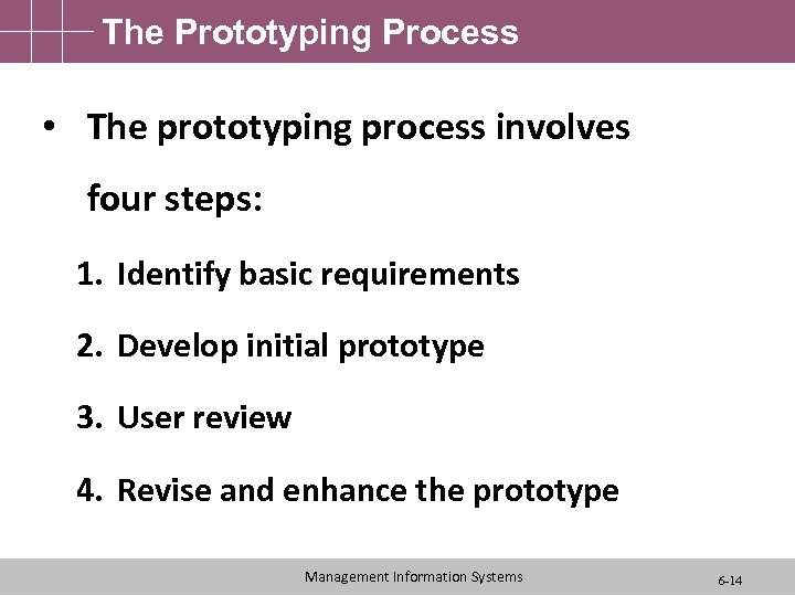 The Prototyping Process • The prototyping process involves four steps: 1. Identify basic requirements