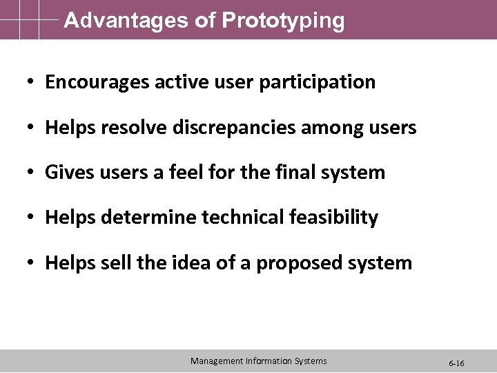 Advantages of Prototyping • Encourages active user participation • Helps resolve discrepancies among users