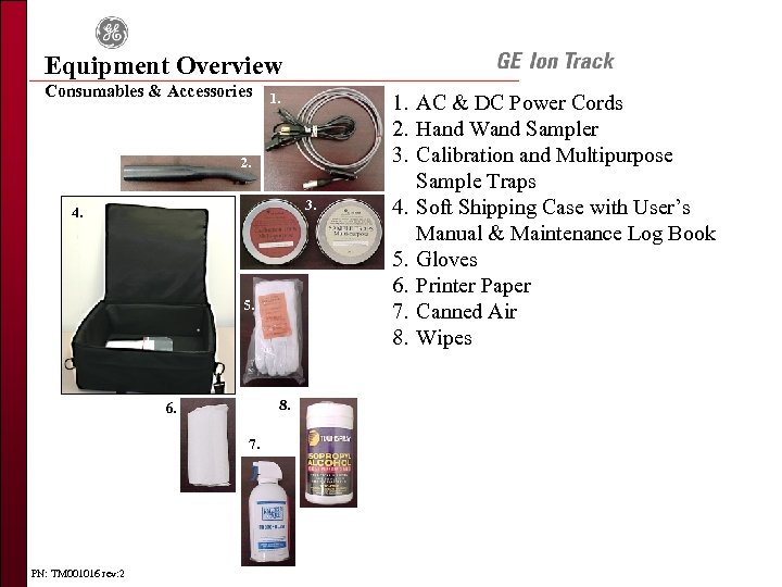 Equipment Overview Consumables & Accessories 1. 2. 3. 4. 5. 8. 6. 7. PN:
