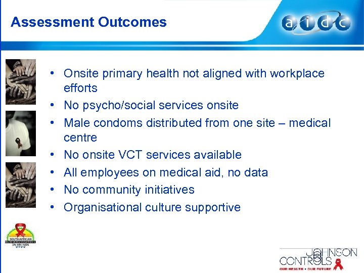Assessment Outcomes • Onsite primary health not aligned with workplace efforts • No psycho/social