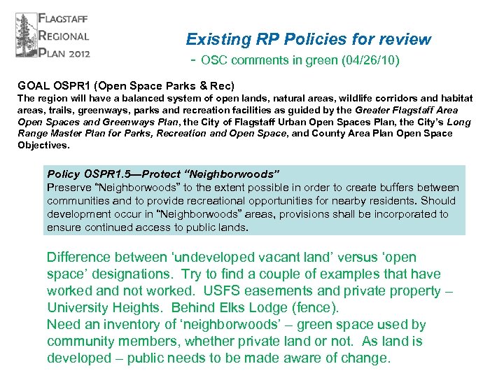Existing RP Policies for review - OSC comments in green (04/26/10) GOAL OSPR 1